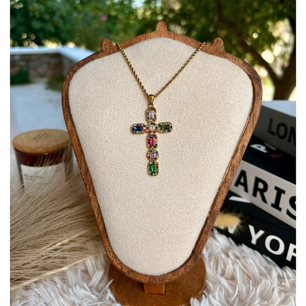 Celeste Colors – Ατσάλινο Κολιέ Σταυρός με Πολύχρωμες Πέτρες