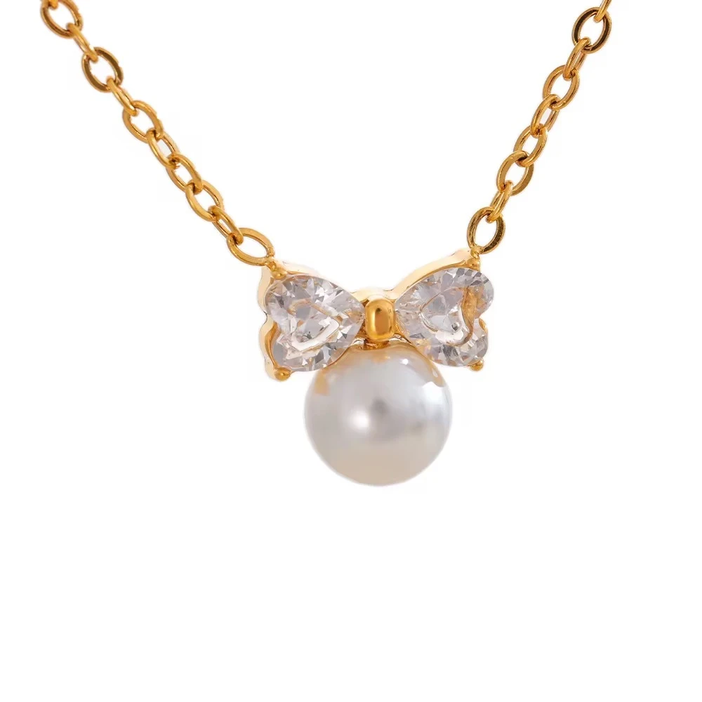 Pearl Bow mini Necklace-Ατσάλινο κολιέ(χρυσό)