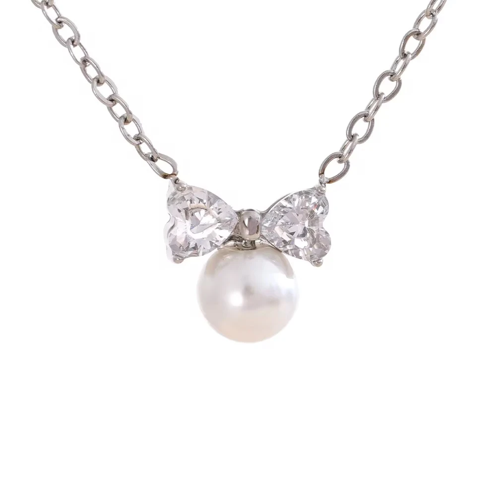 Pearl Bow mini Necklace-Ατσάλινο κολιέ(ασημί)