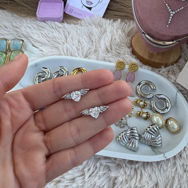 Angel Hearts – Ατσάλινα Σκουλαρίκια με Καρδιές & Φτερά(silver)