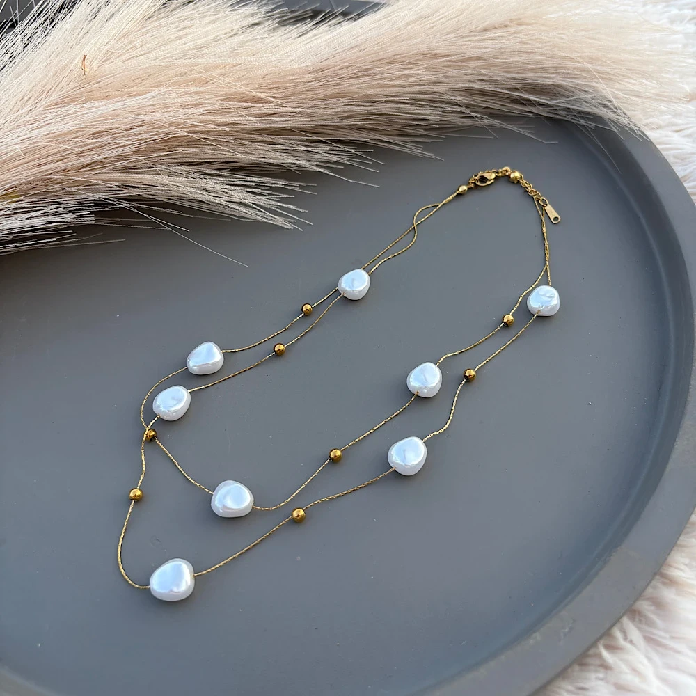 Κολιέ “Pearl Dreams” – Διπλή Χρυσή Αλυσίδα-Ατσάλι.