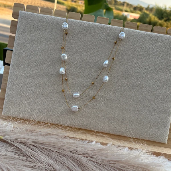 Κολιέ “Pearl Dreams” – Διπλή Χρυσή Αλυσίδα-Ατσάλι.